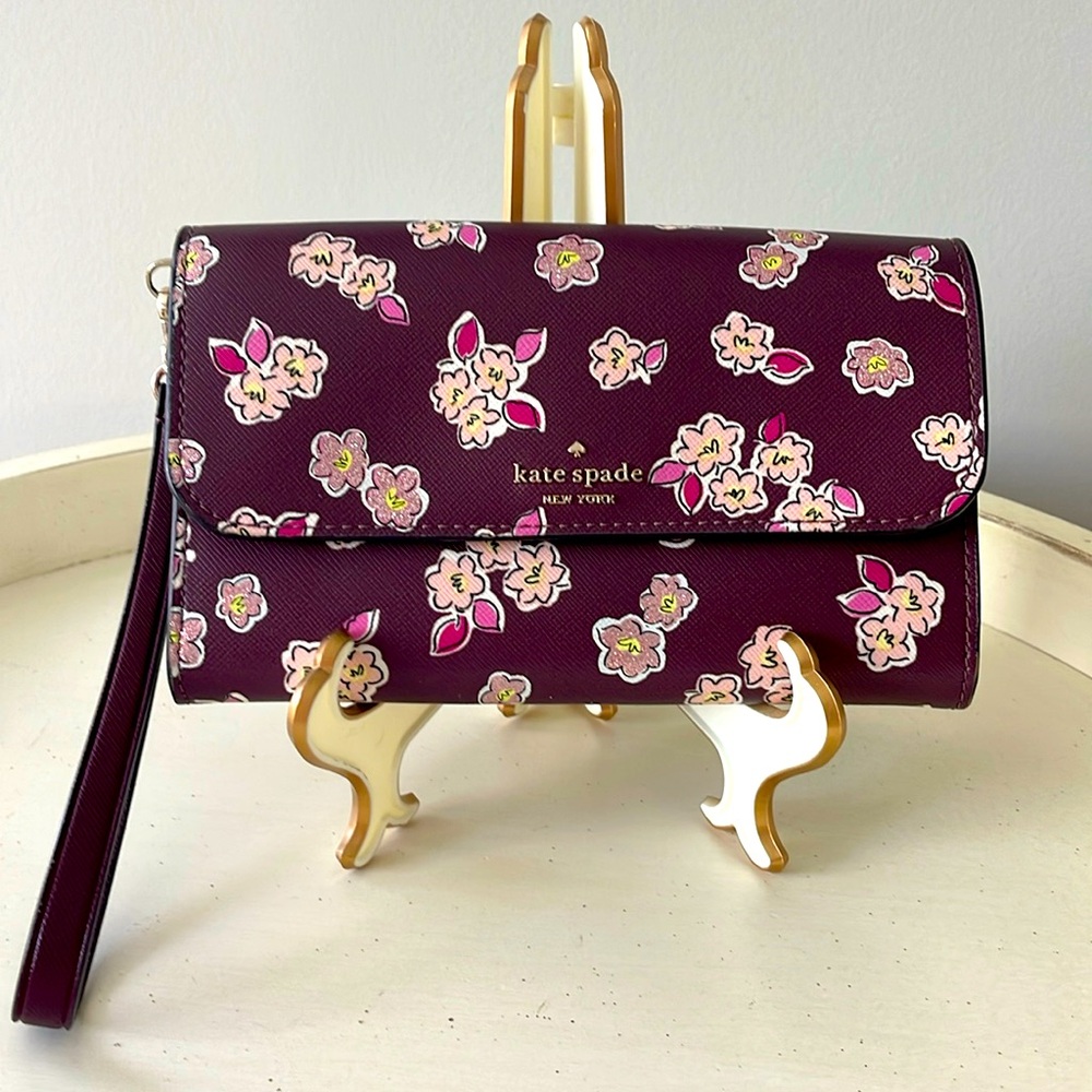 Kate Spade Medium Flap Phone Wristlet Wallet Deep Berry Multi